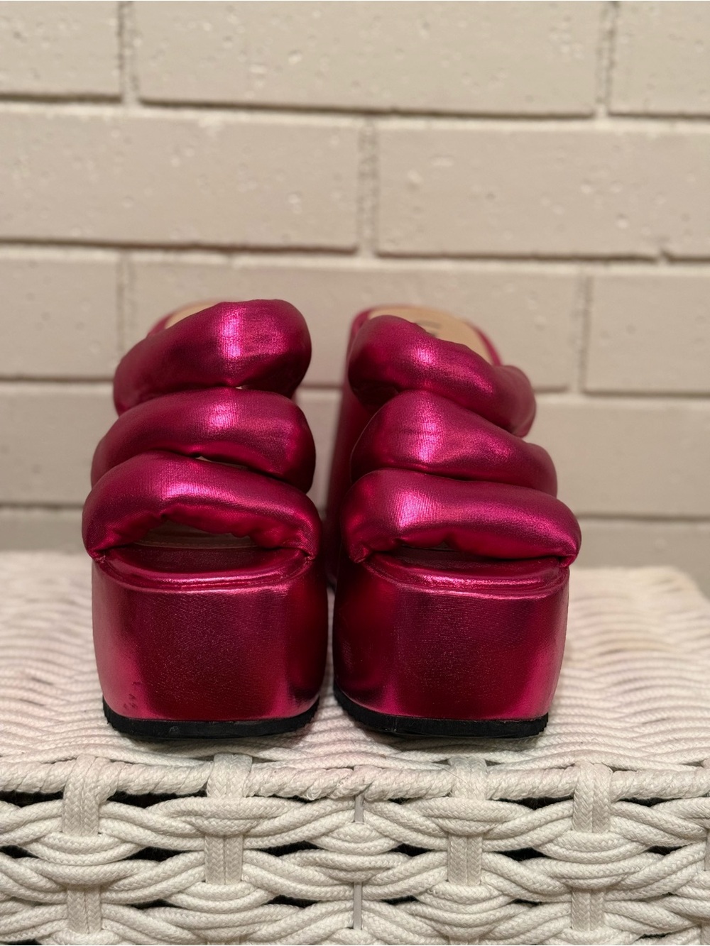 Dolls Kill Lemon Drop Metallic Fuchsia Padded Platform Slide Sandals